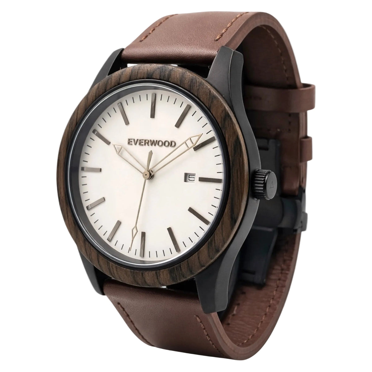 Inverness walnut wooden watch with white dial and brown leather strap, angled view