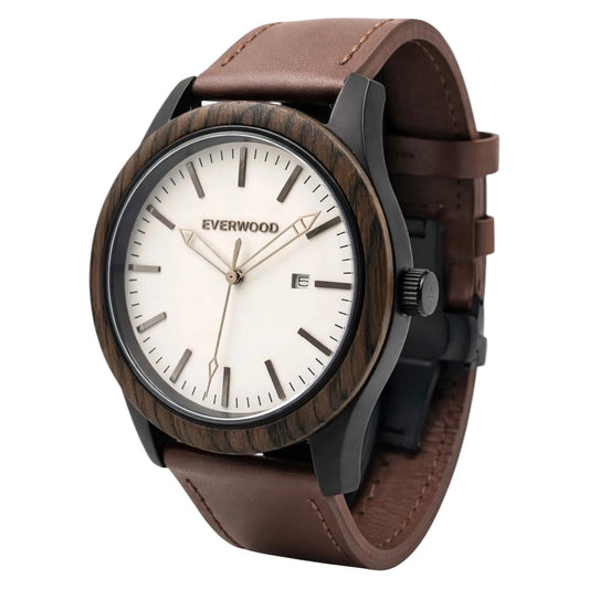 Inverness walnut wooden watch with white dial and brown leather strap, angled view