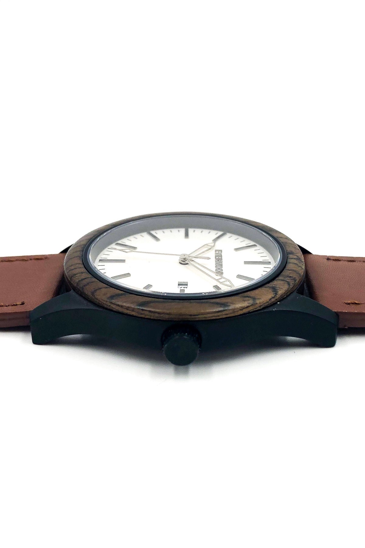 Inverness walnut wooden watch with white dial and brown leather strap, image 3 of 5