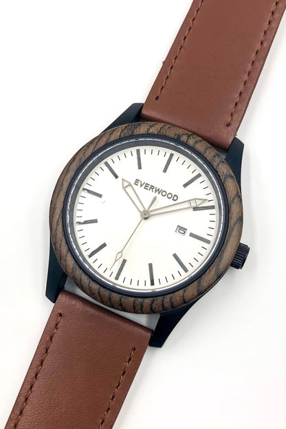 Inverness walnut wooden watch with white dial and brown leather strap, image 4 of 5