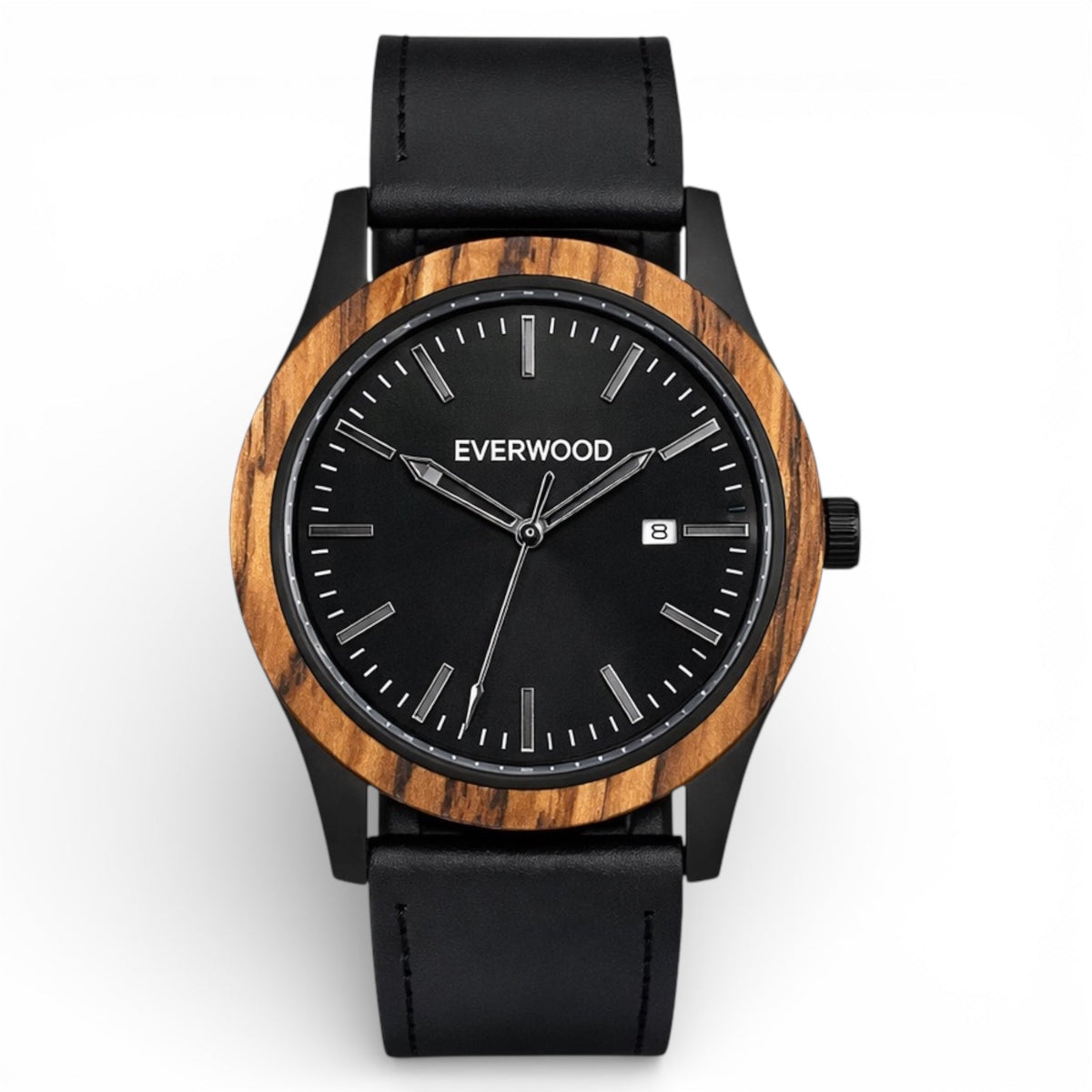 Inverness zebrawood wooden watch with black dial and black leather strap, front view