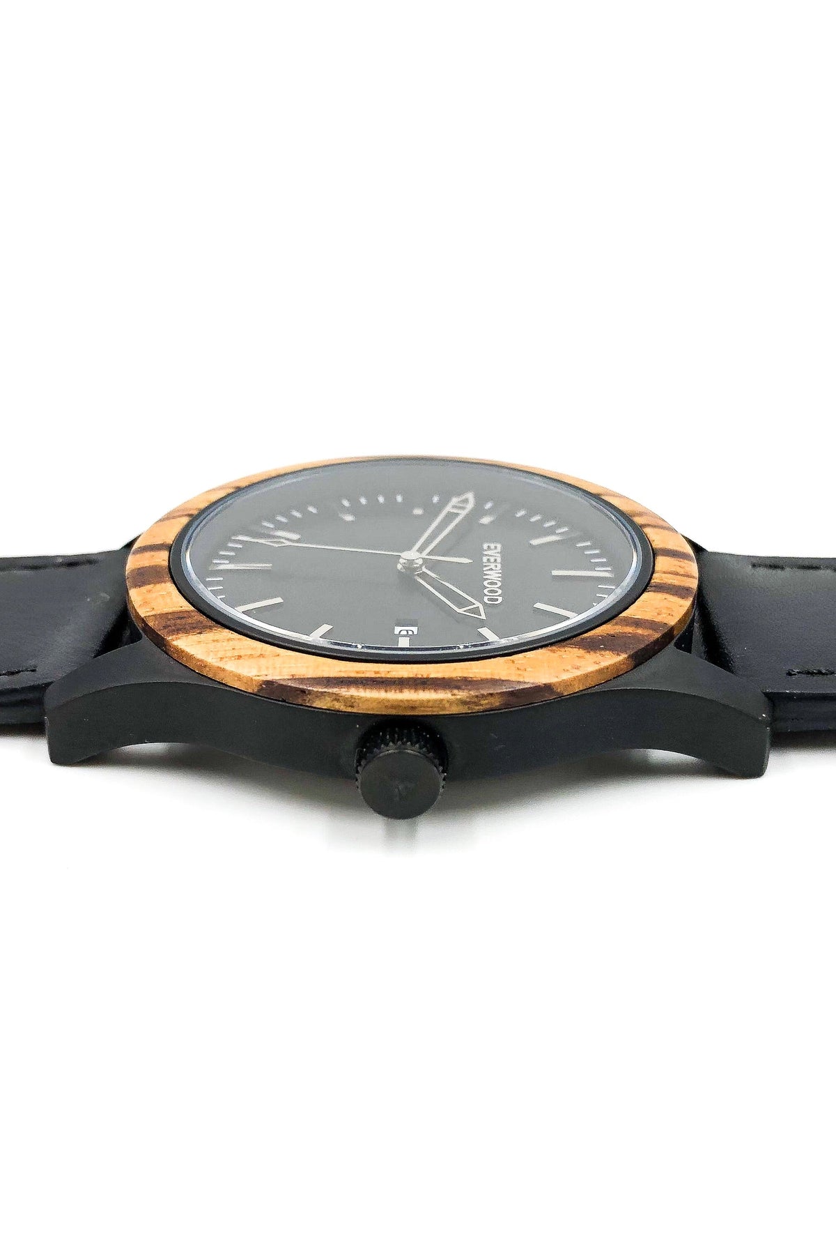 Inverness zebrawood wooden watch with black dial and black leather strap, image 3 of 5
