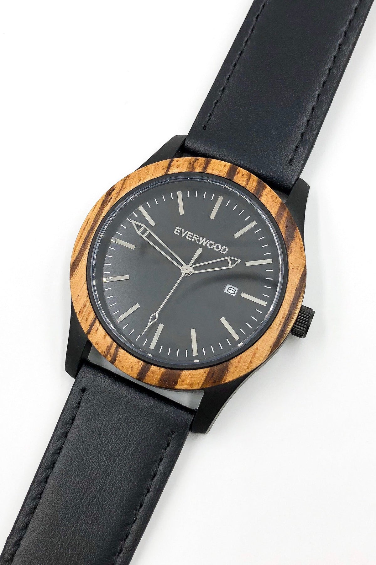 Inverness zebrawood wooden watch with black dial and black leather strap, image 4 of 5