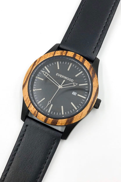 Inverness zebrawood wooden watch with black dial and black leather strap, image 4 of 5