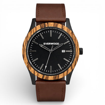 Inverness zebrawood wooden watch with black dial and brown leather strap, main product photo