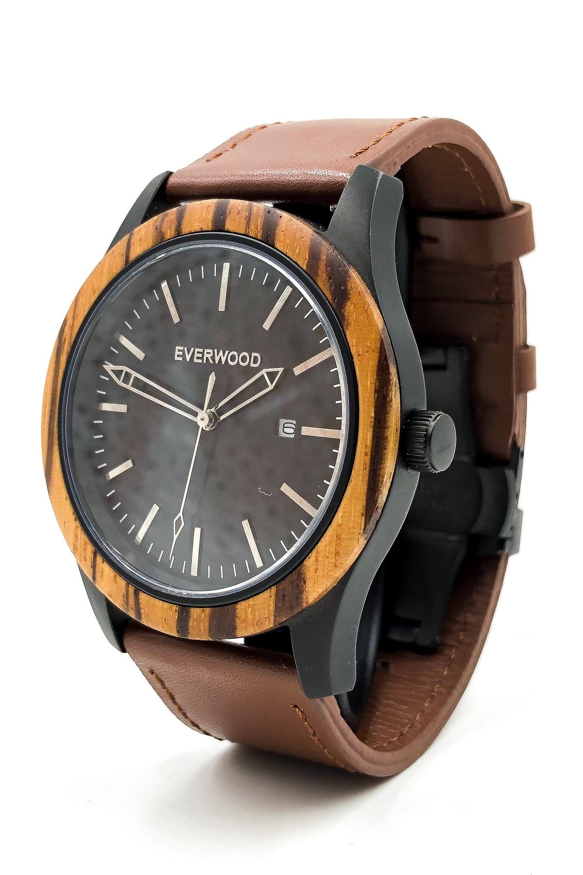 Inverness zebrawood wooden watch with black dial and brown leather strap, image 2 of 5