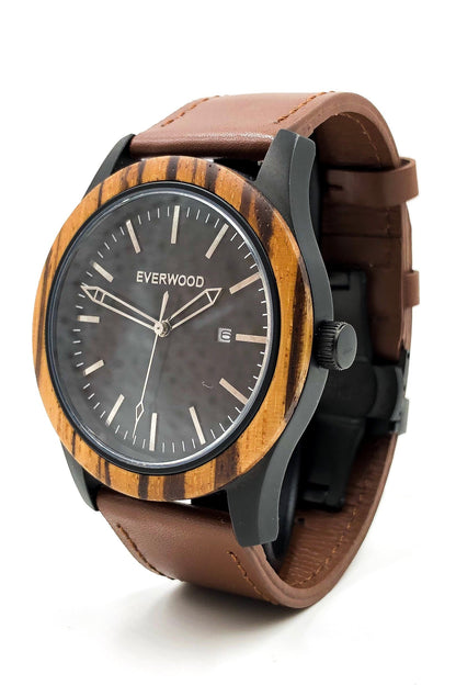 Inverness zebrawood wooden watch with black dial and brown leather strap, image 2 of 5