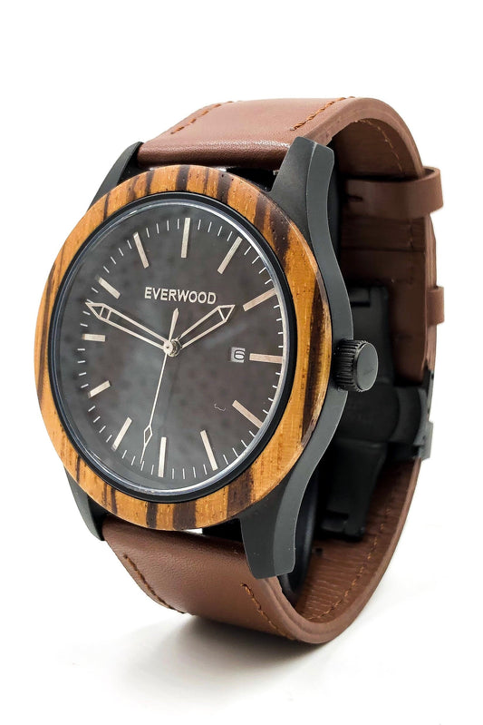 Inverness zebrawood wooden watch with black dial and brown leather strap, image 2 of 5