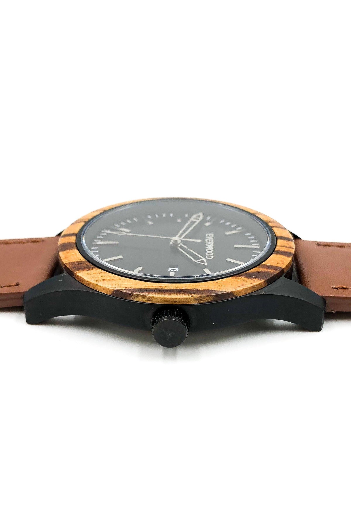 Inverness zebrawood wooden watch with black dial and brown leather strap, image 3 of 5