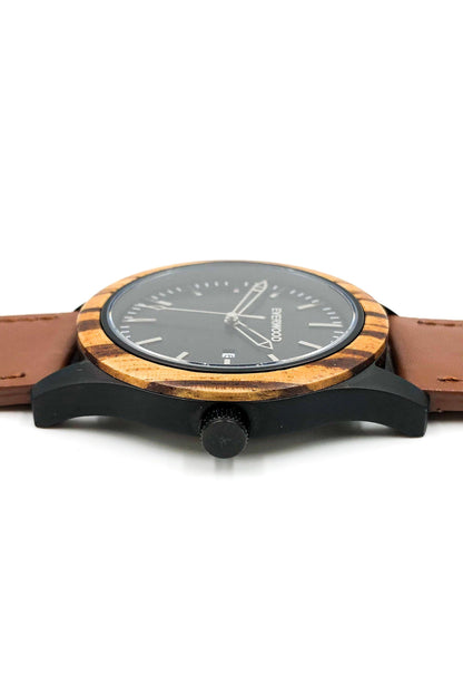 Inverness zebrawood wooden watch with black dial and brown leather strap, image 3 of 5