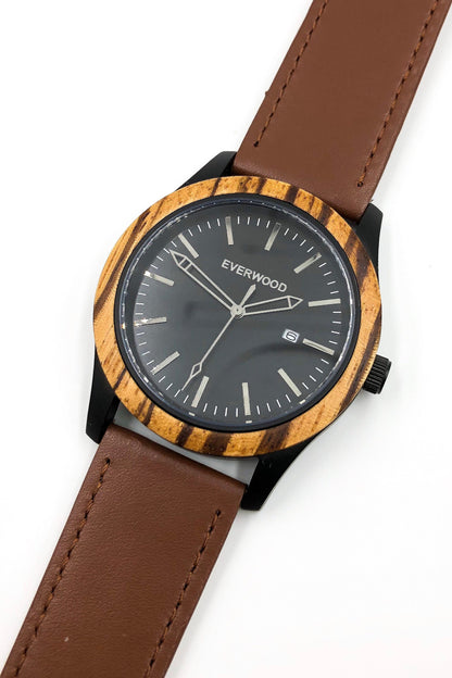 Inverness zebrawood wooden watch with black dial and brown leather strap, image 4 of 5