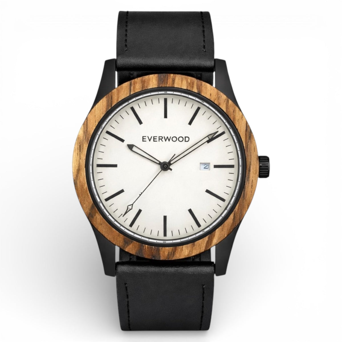 Inverness zebrawood wooden watch with white dial and black leather strap, main product photo