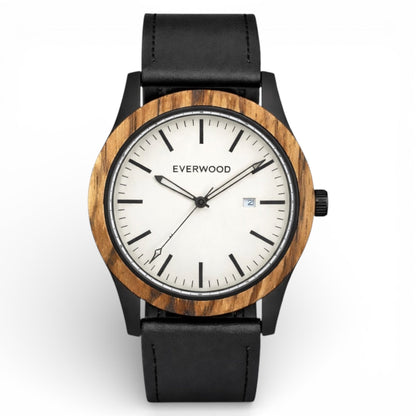 Inverness zebrawood wooden watch with white dial and black leather strap, main product photo