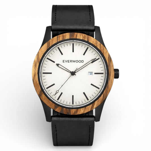 Inverness zebrawood wooden watch with white dial and black leather strap, main product photo