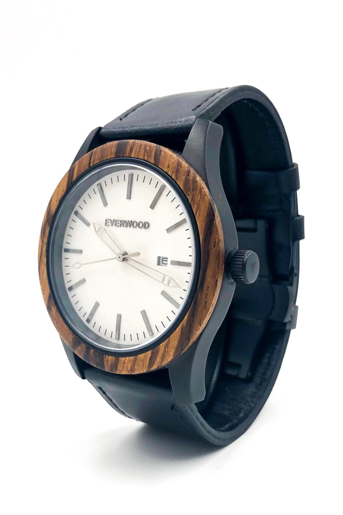 Inverness zebrawood wooden watch with white dial and black leather strap, image 2 of 5