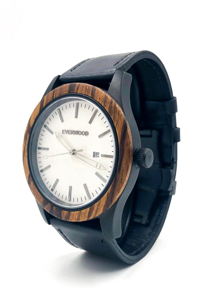 Inverness zebrawood wooden watch with white dial and black leather strap, image 2 of 5