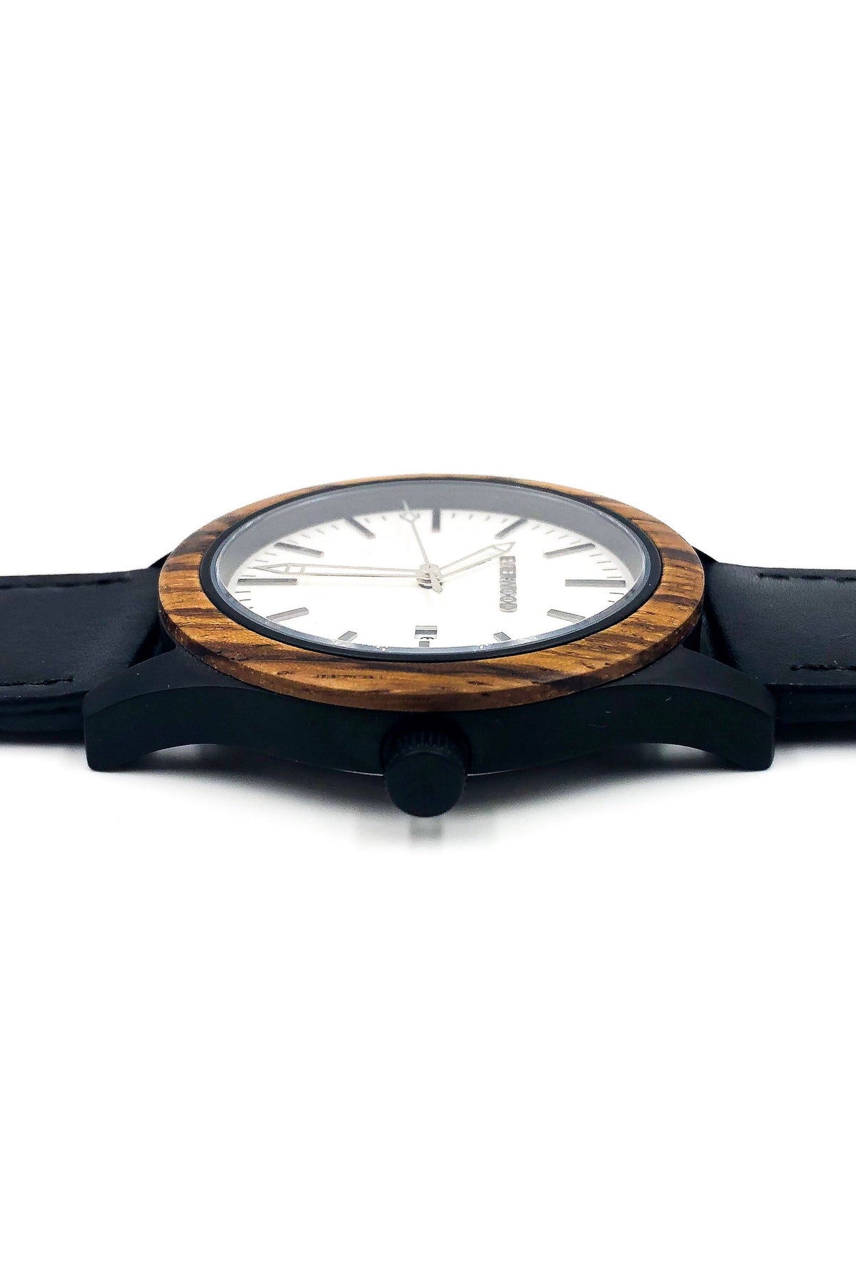 Inverness zebrawood wooden watch with white dial and black leather strap, image 3 of 5