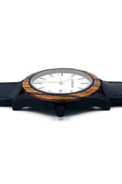 Inverness zebrawood wooden watch with white dial and black leather strap, image 3 of 5