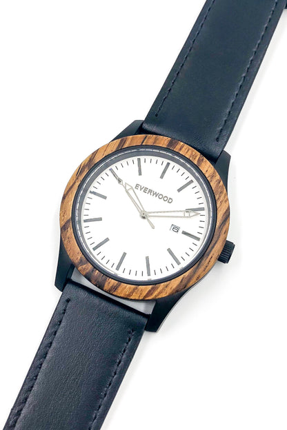 Inverness zebrawood wooden watch with white dial and black leather strap, image 4 of 5