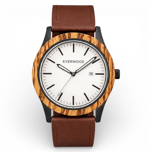 Inverness zebrawood wooden watch with white dial and brown leather strap, main product photo