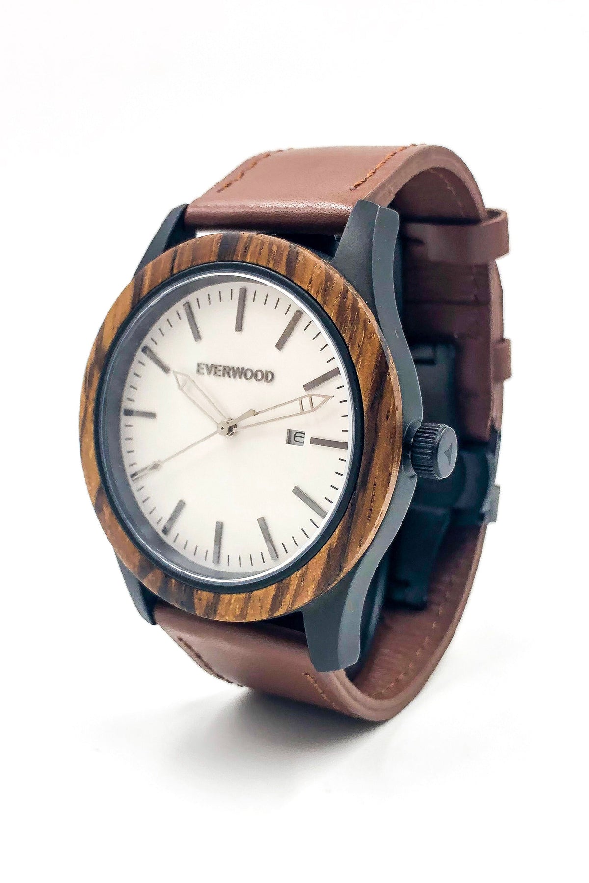 Inverness zebrawood wooden watch with white dial and brown leather strap, image 2 of 5