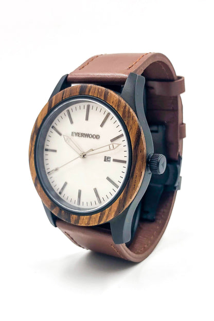 Inverness zebrawood wooden watch with white dial and brown leather strap, image 2 of 5