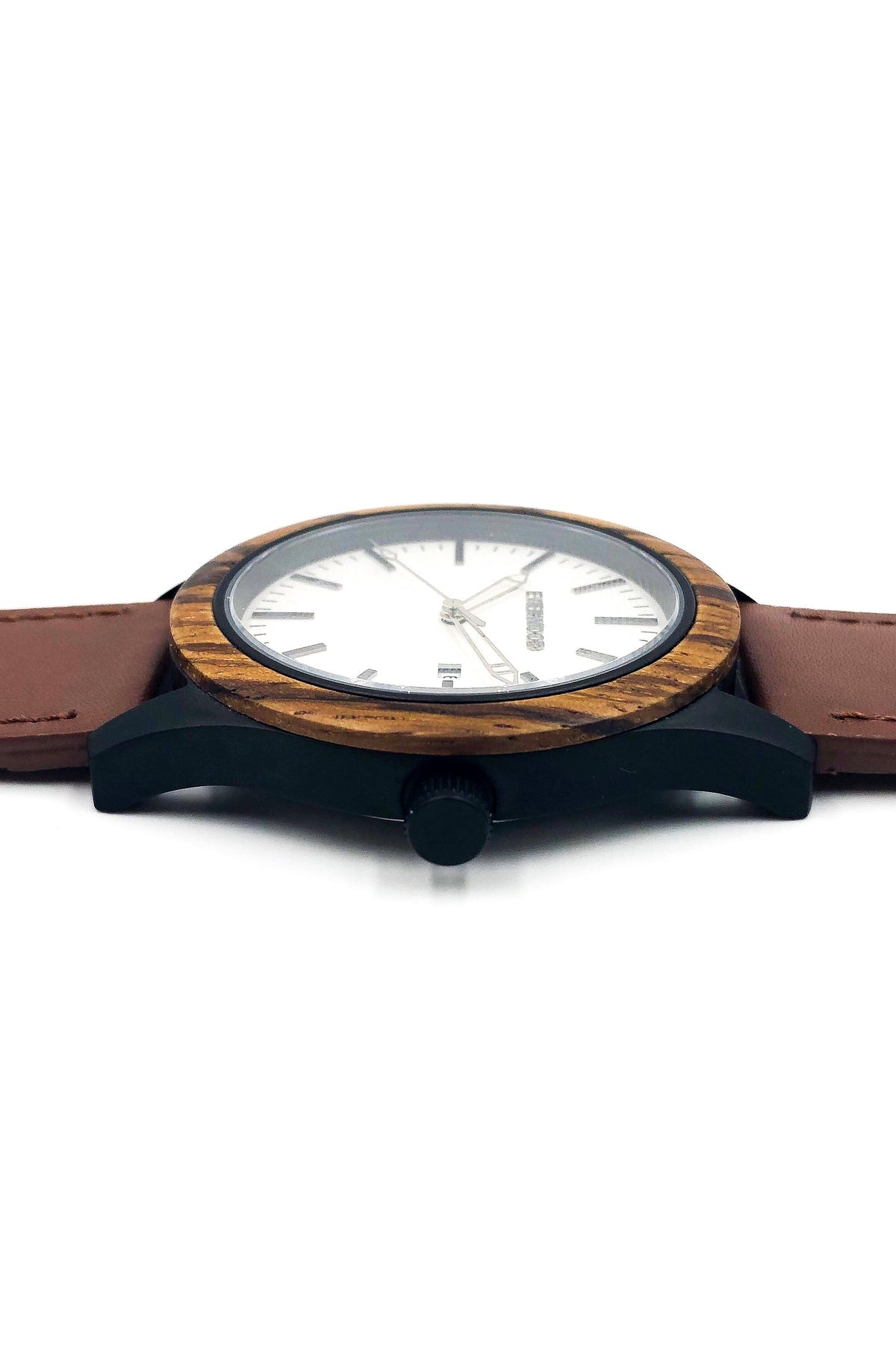 Inverness zebrawood wooden watch with white dial and brown leather strap, image 3 of 5