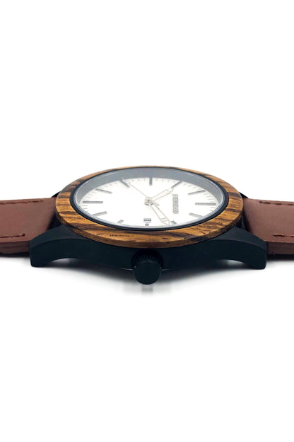 Inverness zebrawood wooden watch with white dial and brown leather strap, image 3 of 5