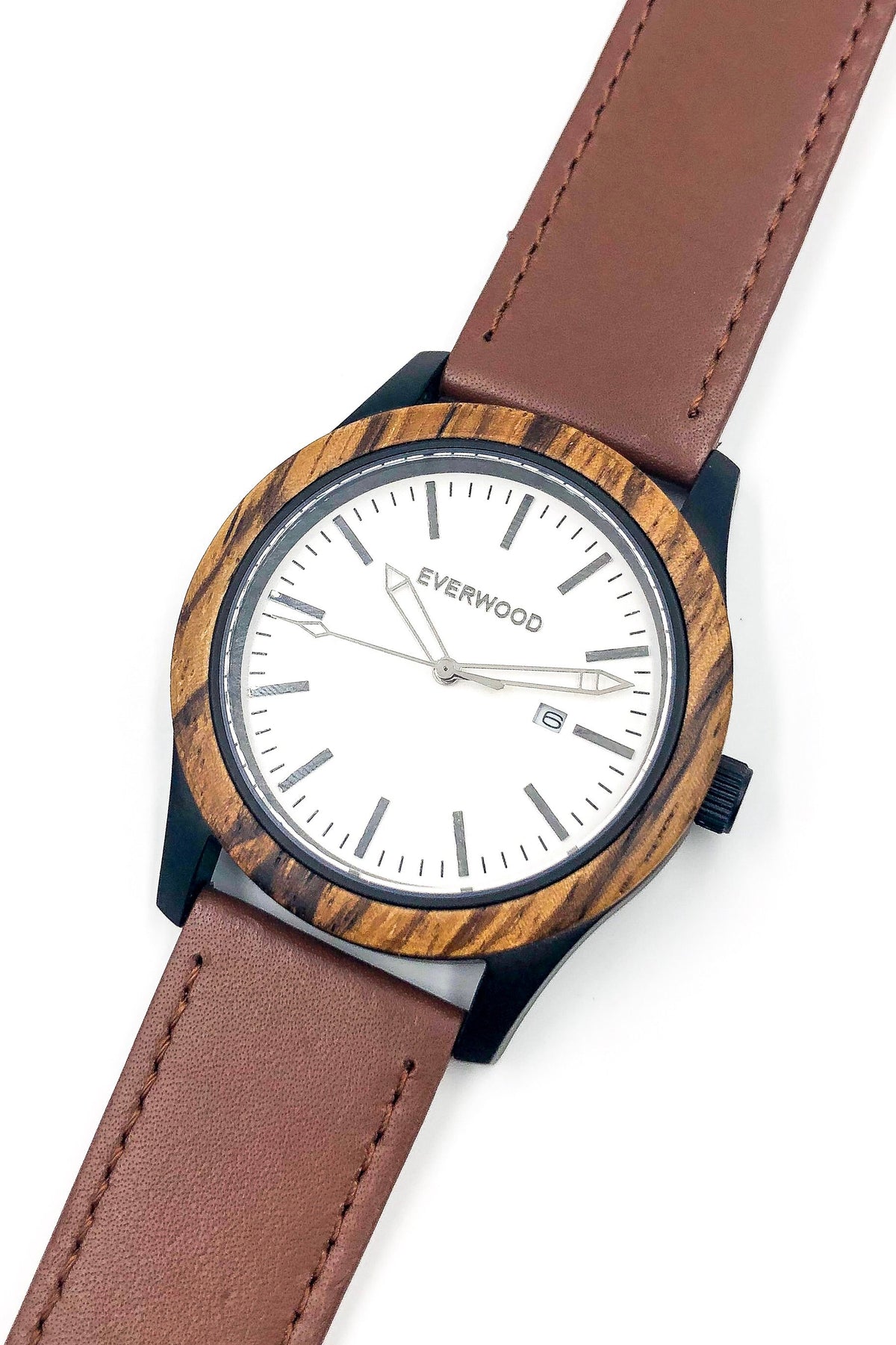 Inverness zebrawood wooden watch with white dial and brown leather strap, image 4 of 5