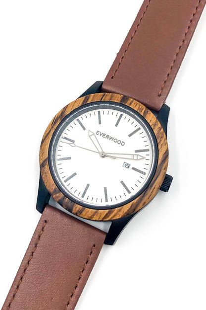 Inverness zebrawood wooden watch with white dial and brown leather strap, image 4 of 5