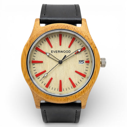 Kylemore bamboo wooden watch with black leather strap, main product photo