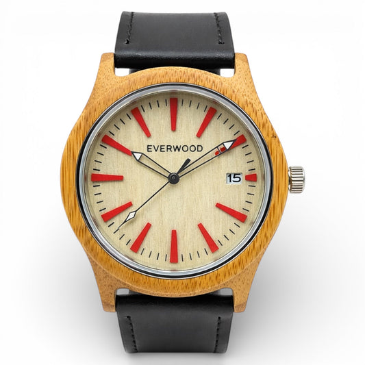 Kylemore bamboo wooden watch with black leather strap, main product photo