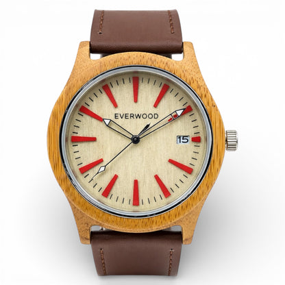 Kylemore bamboo wooden watch with brown leather strap, main product photo