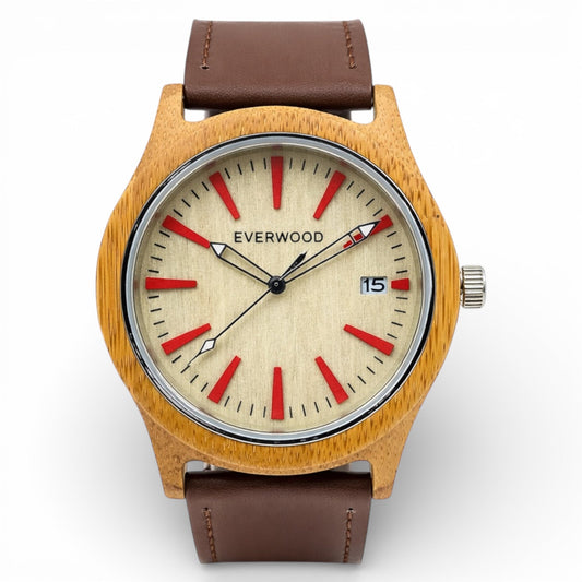 Kylemore bamboo wooden watch with brown leather strap, main product photo