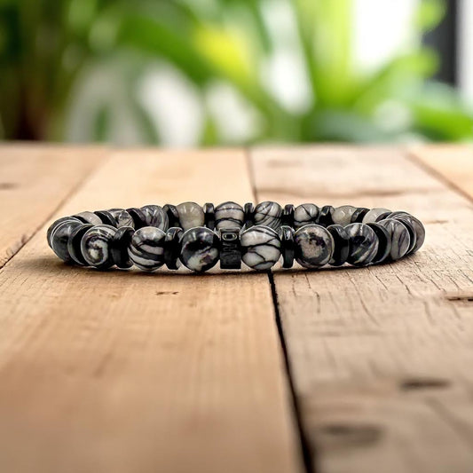Pulse Gravel Web black silk stone beaded bracelet, lifestyle photo