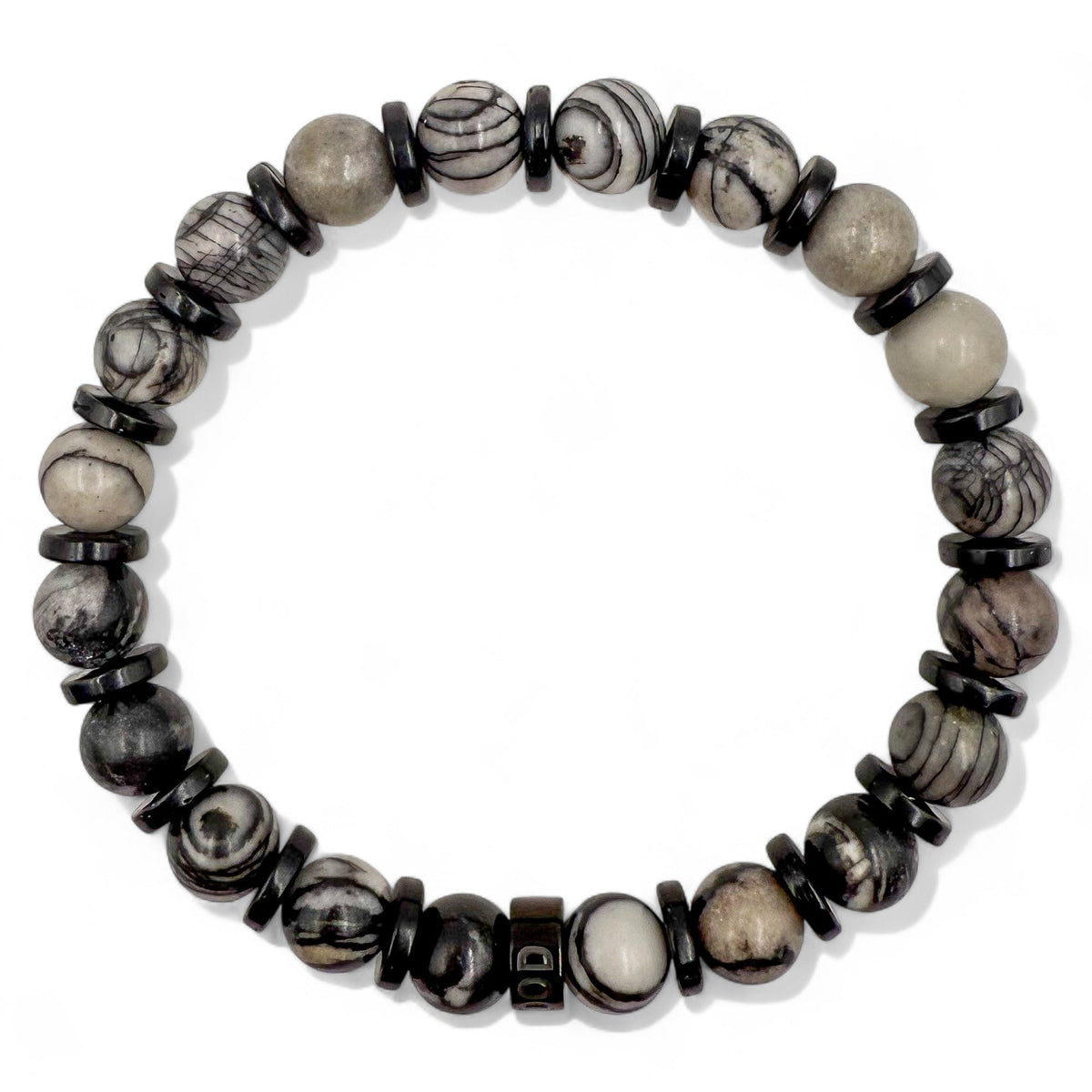 Pulse Gravel Web black silk stone beaded bracelet, overhead view