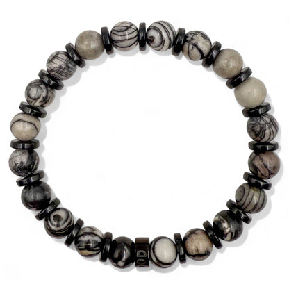 Pulse Gravel Web black silk stone beaded bracelet, overhead view