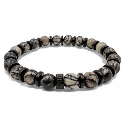 Pulse Gravel Web black silk stone beaded bracelet, front view