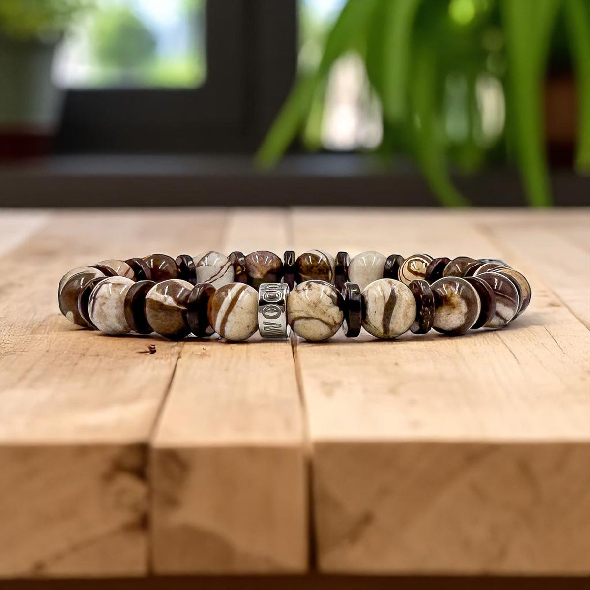 Pulse brown zebra jasper and coconut beaded bracelet, lifestyle photo