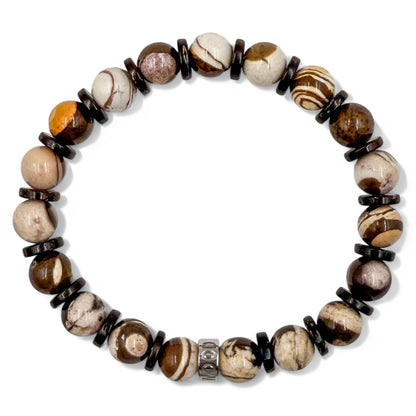 Pulse brown zebra jasper and coconut beaded bracelet, overhead view