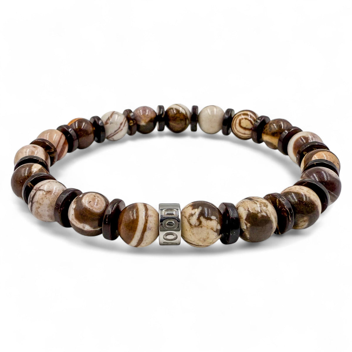Pulse brown zebra jasper and coconut beaded bracelet, front view