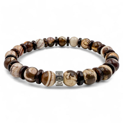 Pulse brown zebra jasper and coconut beaded bracelet, front view