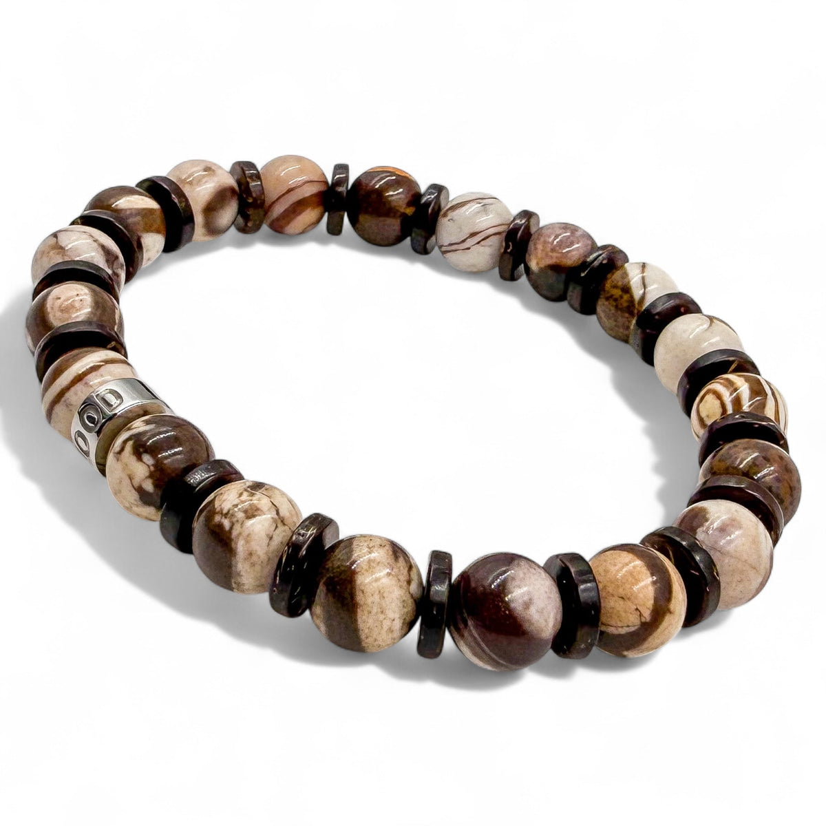 Pulse brown zebra jasper and coconut beaded bracelet, right side view