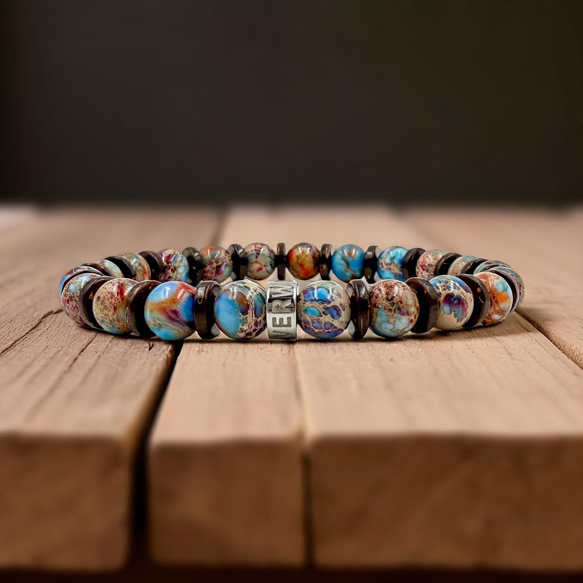 Pulse Americana Spark patriot jasper beaded bracelet, lifestyle photo
