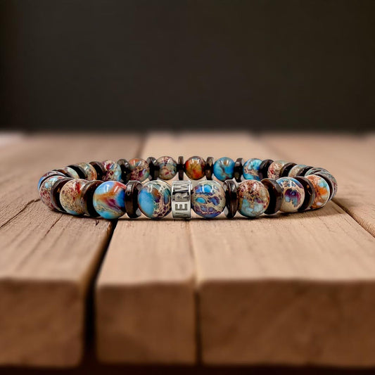 Pulse Americana Spark patriot jasper beaded bracelet, lifestyle photo