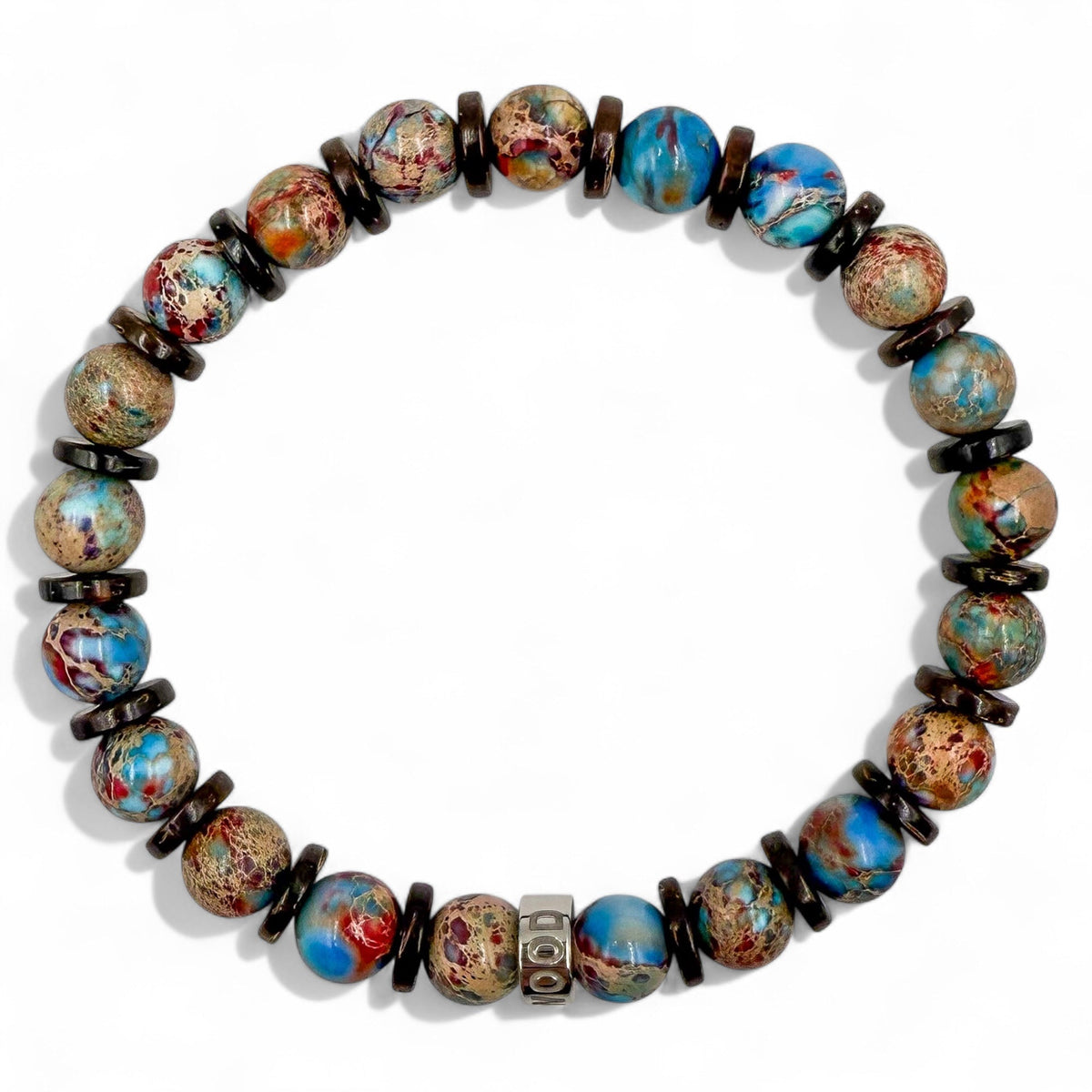 Pulse Americana Spark patriot jasper beaded bracelet, overhead view