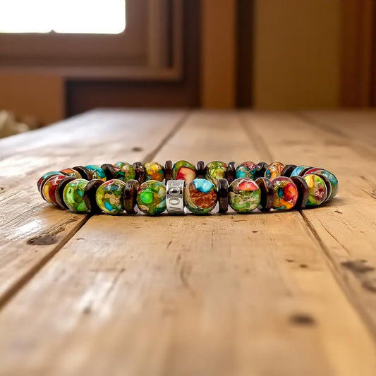 Pulse Jungle Fiesta rainbow jasper beaded bracelet, lifestyle photo