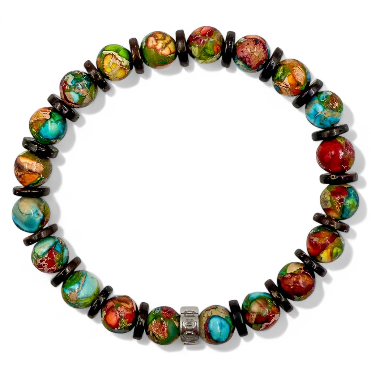 Pulse Jungle Fiesta rainbow jasper beaded bracelet, overhead view
