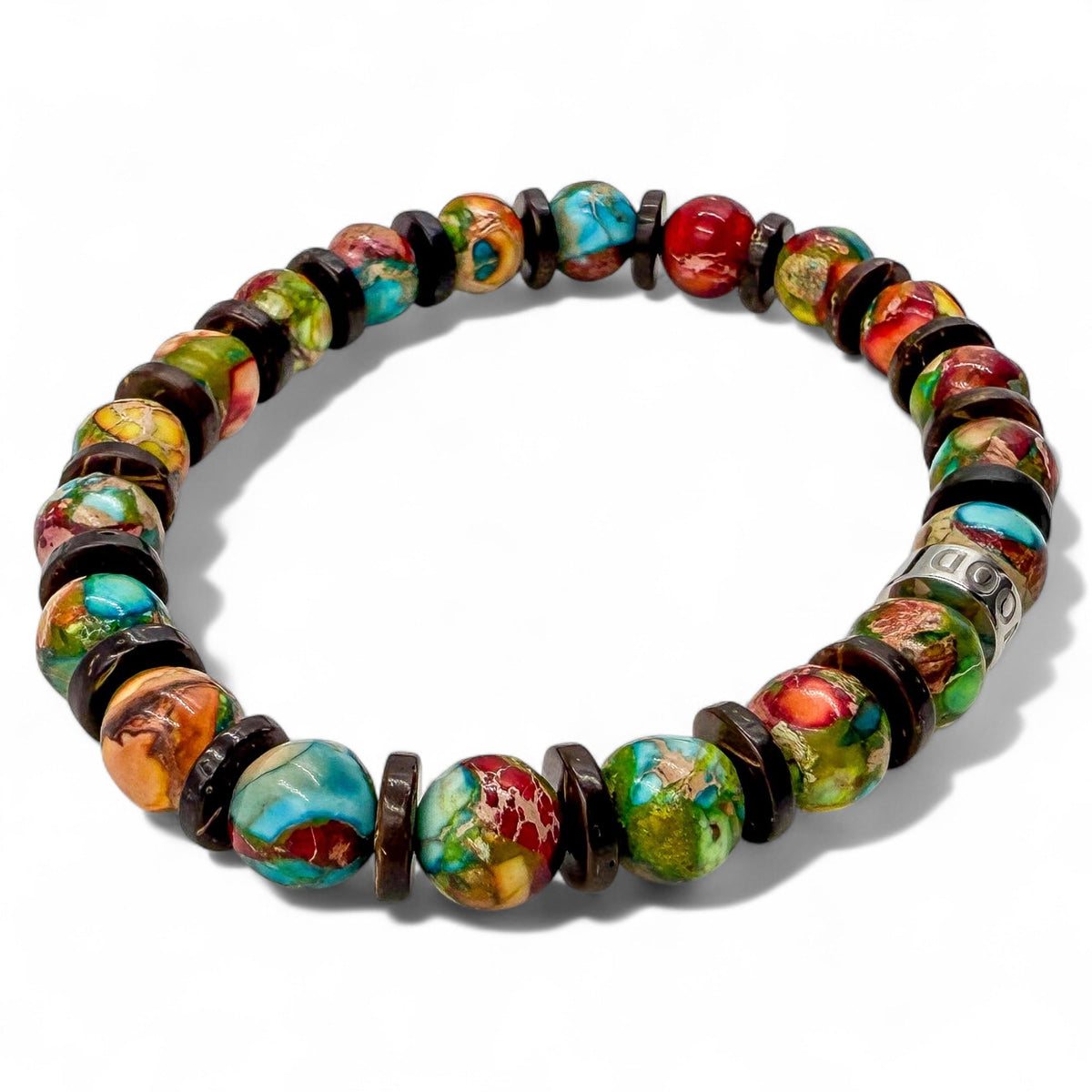 Pulse Jungle Fiesta rainbow jasper beaded bracelet, left side view