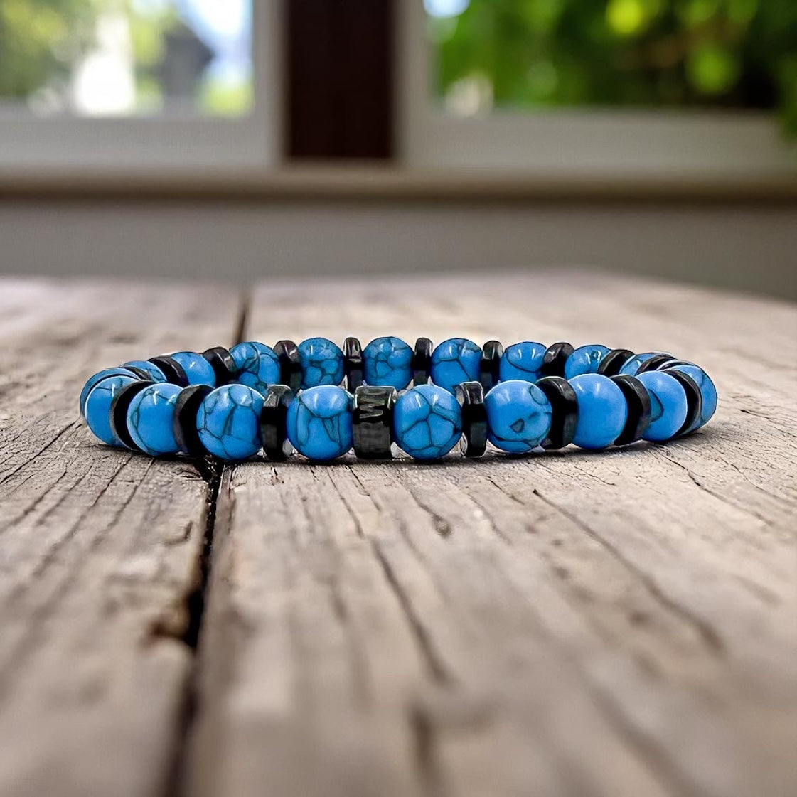 Pulse Blue Horizons blue howlite beaded bracelet, lifestyle photo